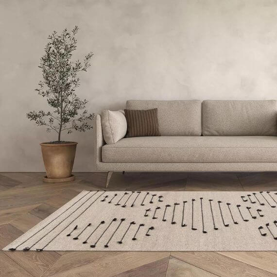 Tapis en laine plat avec franges design beige Lincoln